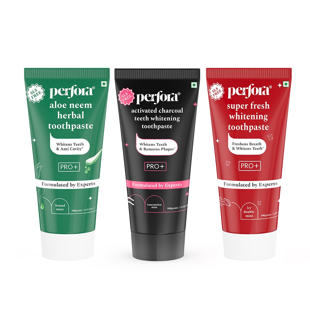 Perfora PRO+ Oral Care Bundle - Aloe Neem Herbal, Super Fresh, and Activated Charcoal Whitening Toothpaste Trio | Enamel Safe, Whitens Teeth, Prevents Cavities & Bad Breath | SLS-Free Formulas | Pack of 3 (100g x 3) (B0CTHR9T17) Amazon Price History, Amazon Price Tracker