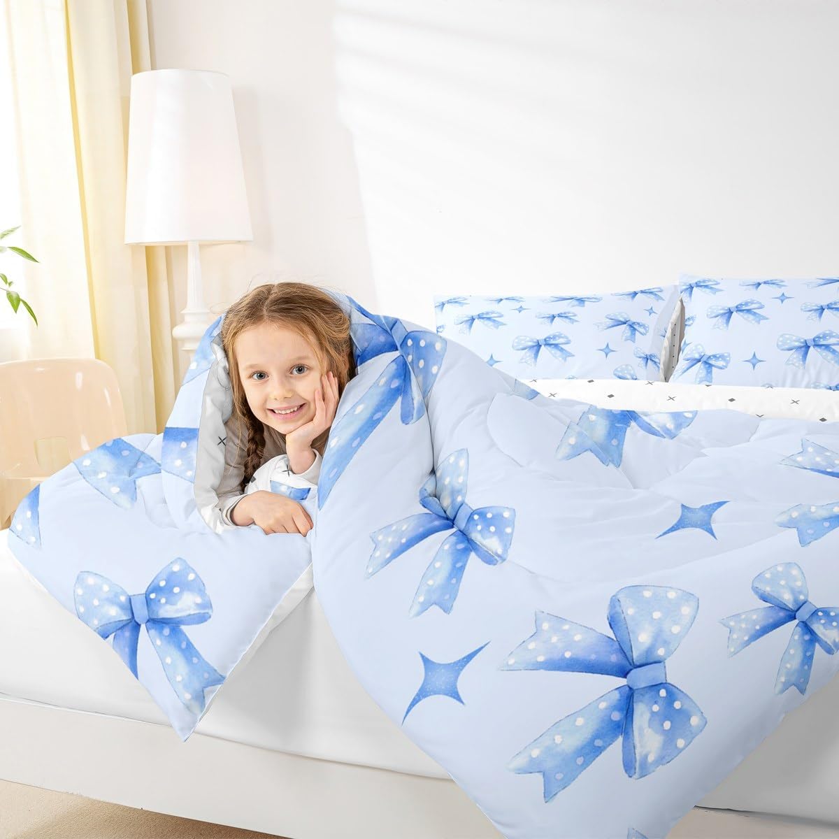 Feelyou Bow Bedding Set Full Size Kids Bowknot Duvet Quilt for Boys Girls Teens Blue Bow Comforter Set Kawaii Circle Room Decor