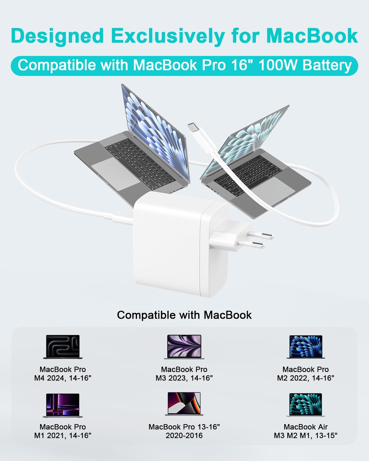 Chargeur USB C 100 W Compatible avec MacBook Pro 16 14 Pouces, MacBook Air 15 13 Pouces 2025 2024 2023 2022 2021 2020 2019 2018 M4 M3 M2 M1, Câble de Charge USB-C 2M 5A (Blanc)