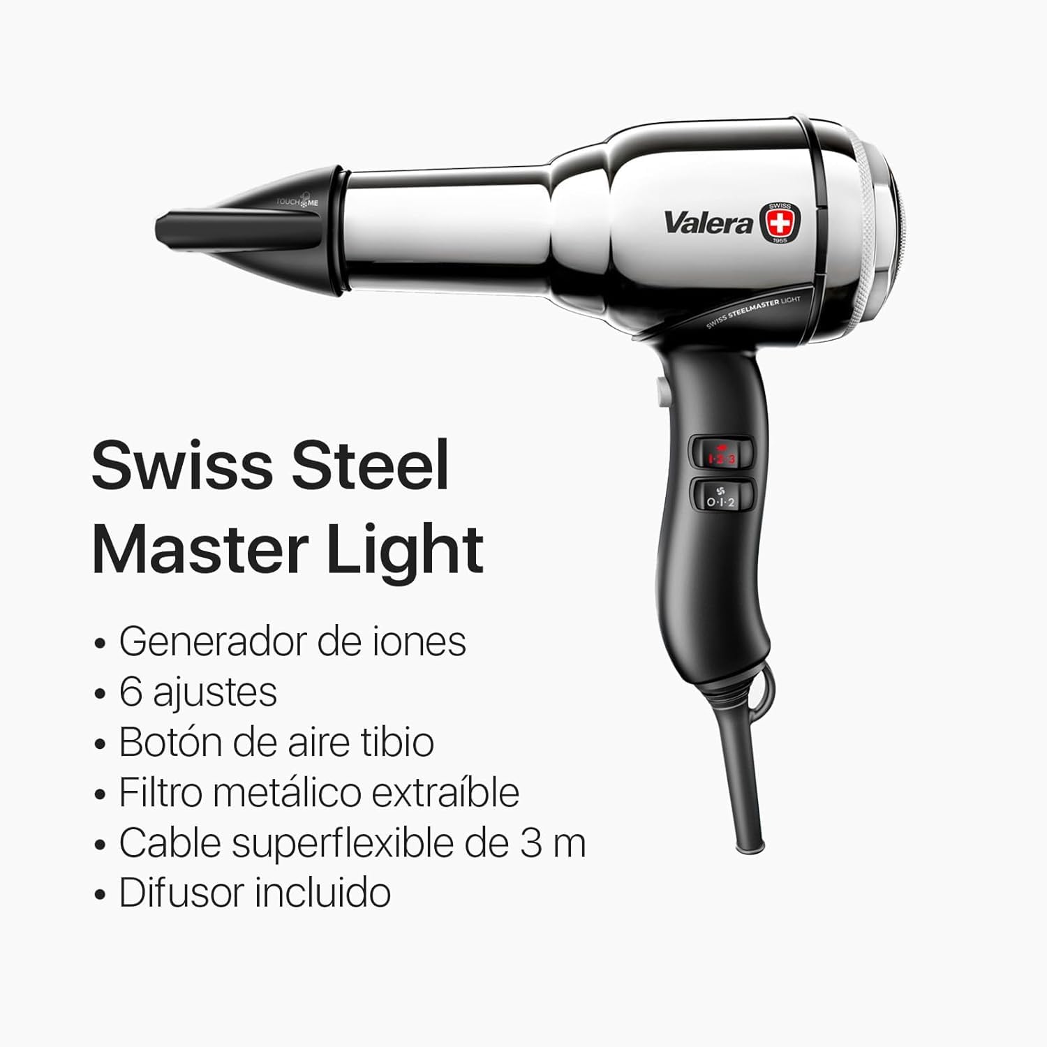Valera, Swiss Steel Master Light, Secador de Pelo Profesional en Acero Cromado, Secador Ligero con Motor Potente, 3 Niveles de Temperatura, Ionizador, 2000 W