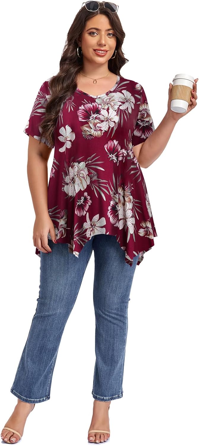 LARACE Plus Size Tops for Womens Summer Clothes Short Sleeve Shirts Casual V Neck Tunic Asymmetrical Blouses - Image 5