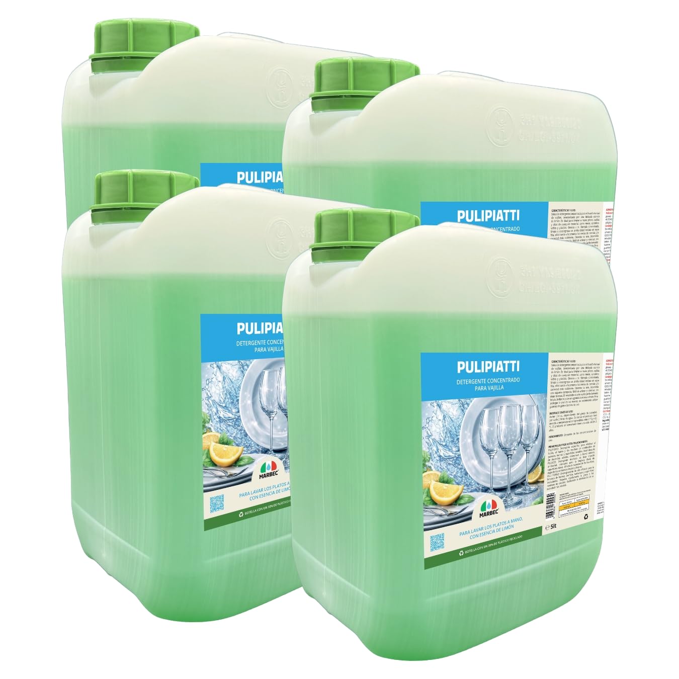 MARBEC PULIPIATTI 5LTx4UDS Detergente para platos concentrado, desengrasante eficaz en agua fría, enjuague rápido, fragancia de limón.