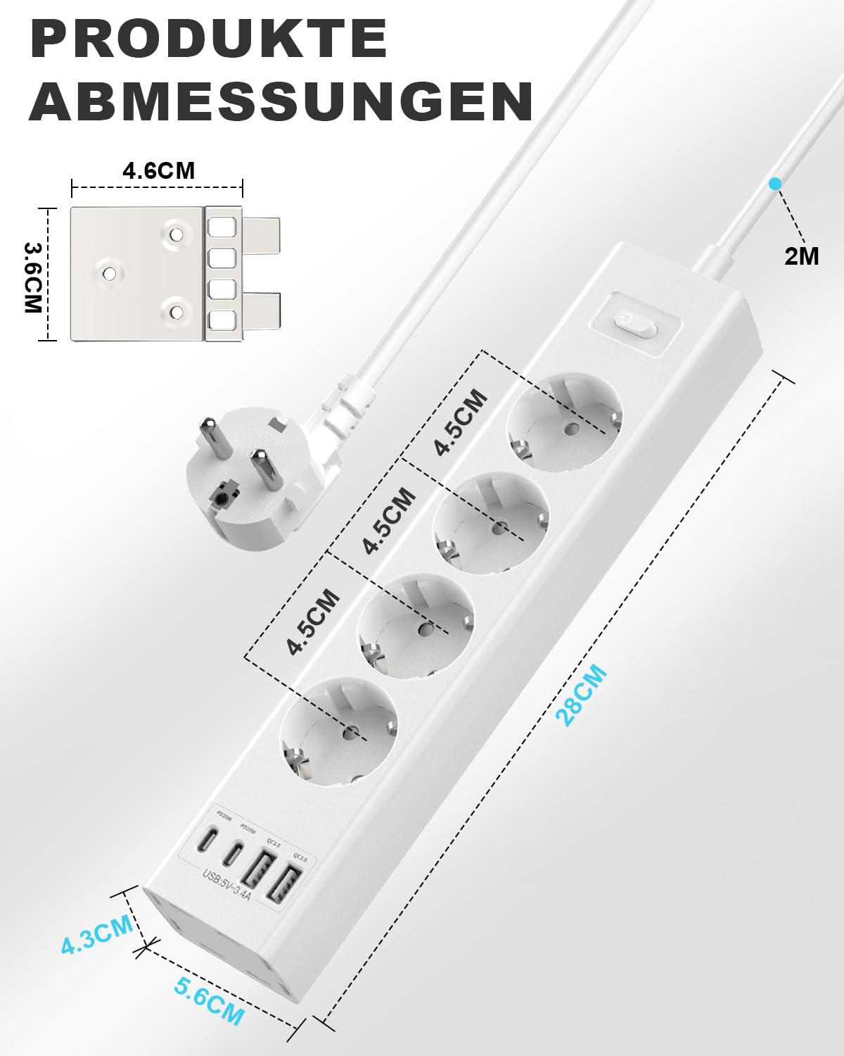 Ciabatta elettrica da parete, montata a 360°, multipresa con protezione da sovratensione, 2USB-C (PD20W)+2USB-A (QC3.0 18W), 4 prese, 2 m, per parete, angolo e sottopiano