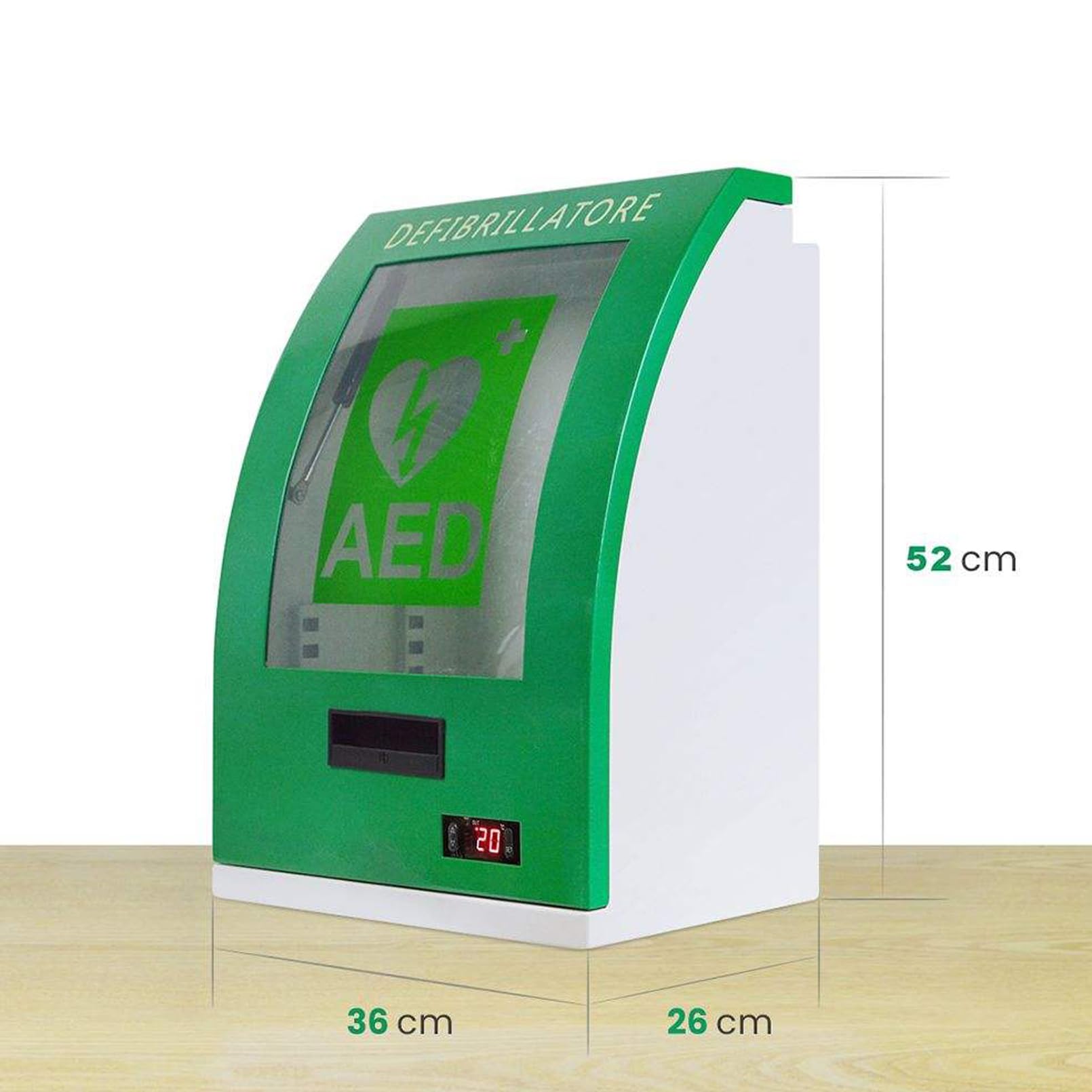 AED-Defibrillator-Aufbewahrungsschrank, gebogener AED-Schrank für den Innenbereich, Cardiac Defibrillator, Aufbewahrung aus Metall und PC-Glas mit Alarm für Zuhause, Schulen, Vereine und Gruppen