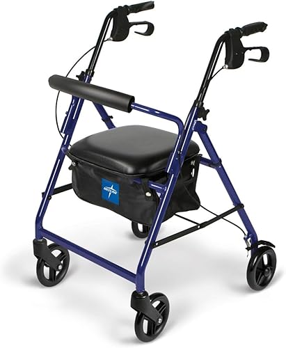 Medline Aluminum Rollator Walker with Seat, Blue, 250 lb. Weight Capacity, Lightweight, 6” Wheels, Foldable, Adjustable Handles, Rolling Walker for Seniors Medline Aluminum Rollator Walker with Seat, Blue, 250 lb. Weight Capacity, Lightweight, 6” Wheels, Foldable, Adjustable Handles, Rolling Walker for Seniors