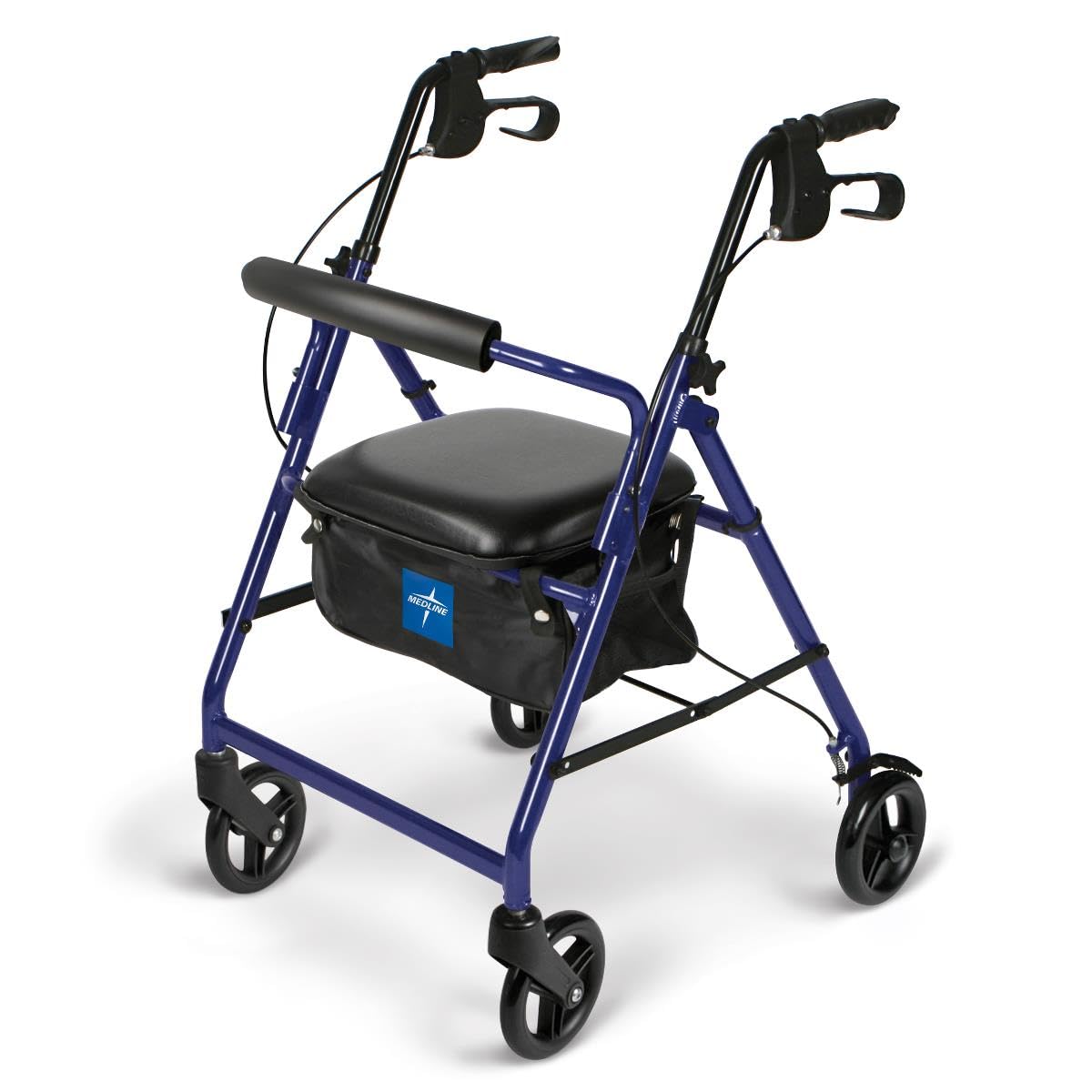 Medline Aluminum Rollator Walker with Seat, Blue, 250 lb. Weight Capacity, Lightweight, 6” Wheels, Foldable, Adjustable Handles, Rolling Walker for Seniors