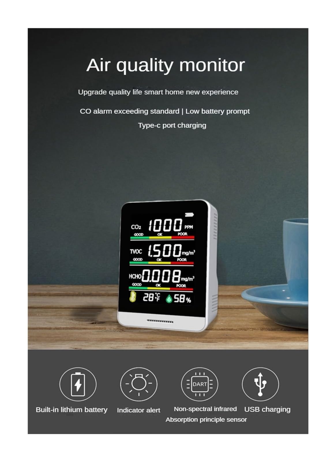 Rilevatore Gas, Rilevatore di CO2 5 in 1 Rilevatore di qualità dell'aria Rilevatore di anidride carbonica Tester di umidità della temperatura digitale portatile Misuratore di CO2 HCHO TVOC,per casa u