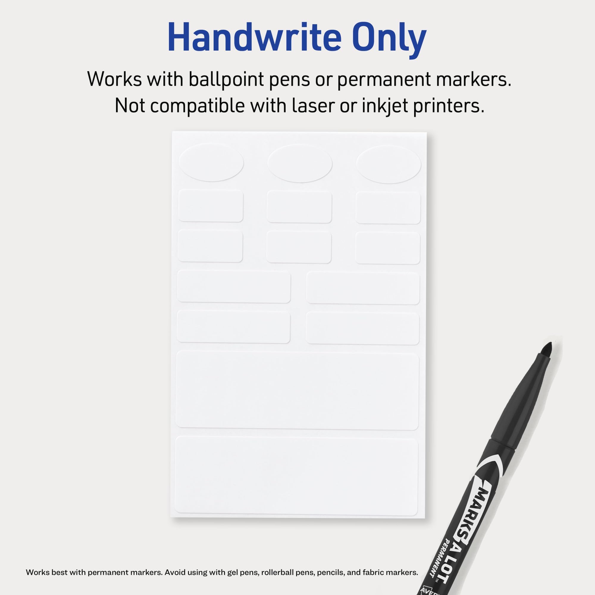 Avery No-Iron Fabric Labels, Assorted Shapes and Sizes, Washer and Dryer-Safe Waterproof Labels, Non-Printable, 45 Total (40700)