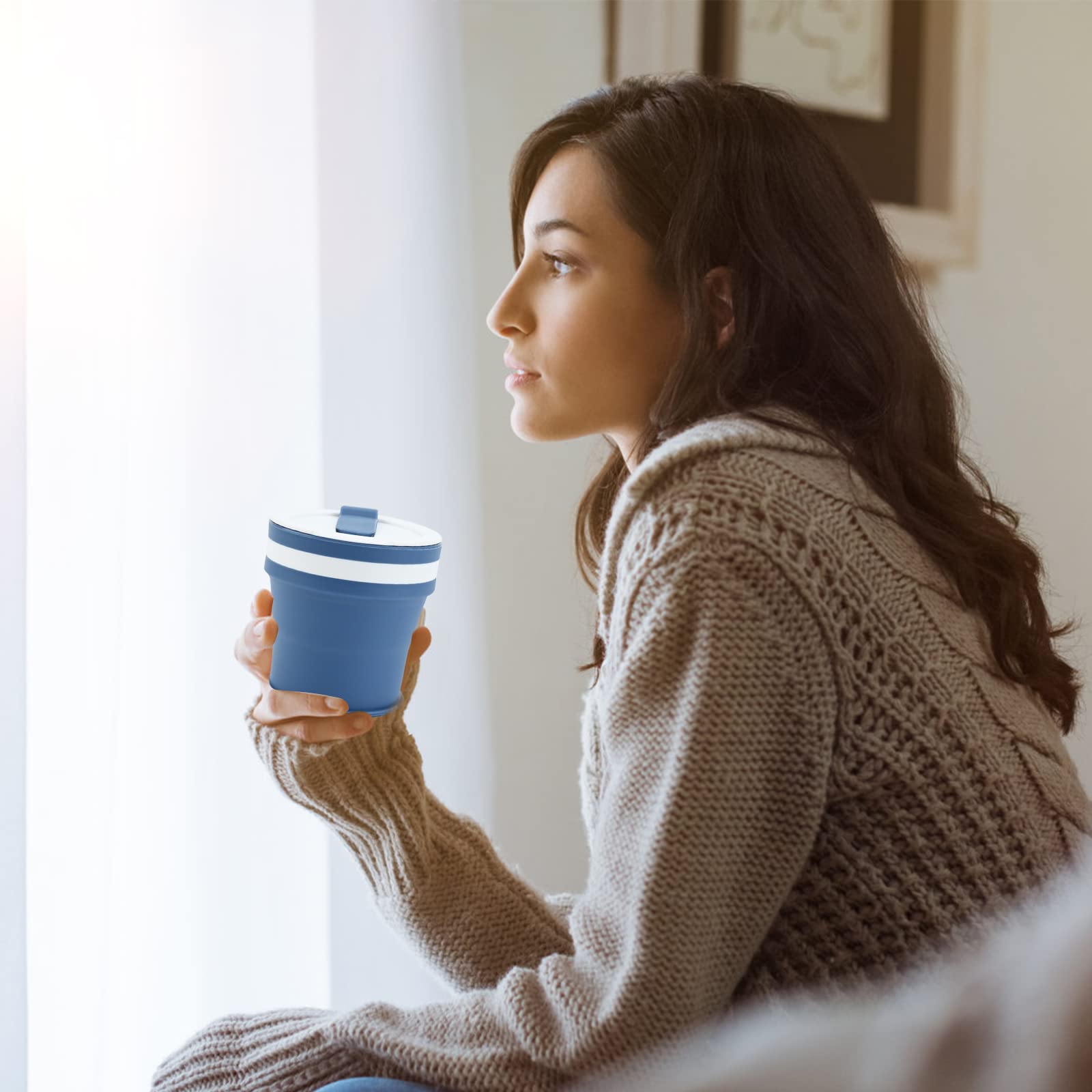 Tasse De Voyage Pliable En Silicone Isotherme – Tasse à Café Avec Couvercle Anti-fuite, Réutilisable Pour Les Aventures En Plein Air, La Randonnée, Le Camping Et Les Voyages (bleu, 350 Ml