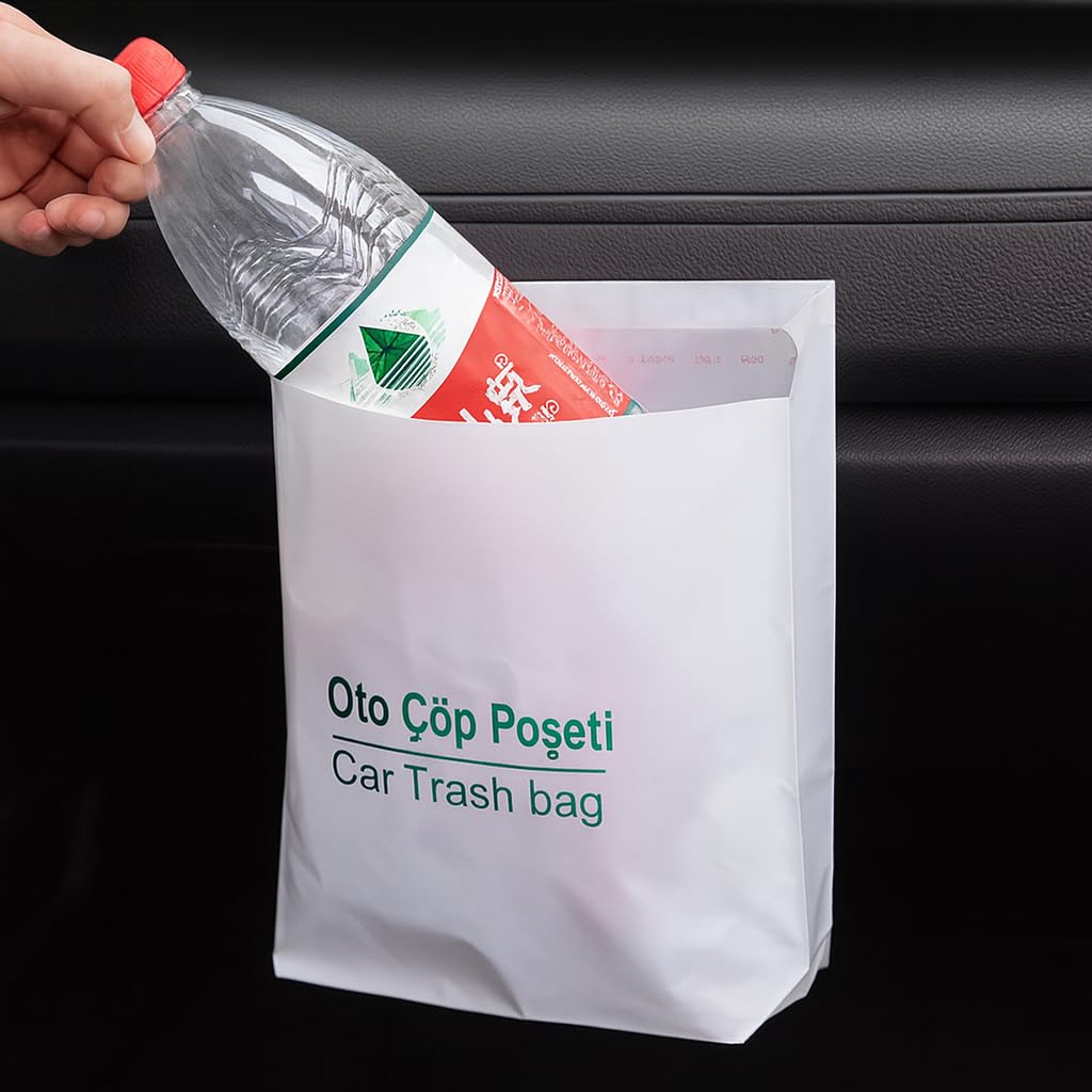 Kyrotech Kendinden Yapışkanlı Tek Kullanımlık Oto Çöp Poşeti, 20’li Paket, Sızdırmaz ve Dayanıklı Araç İçi Torba, Seyahat İçin Hijyenik Kullan At, 23x18.5 cm Araba Aksesuarı