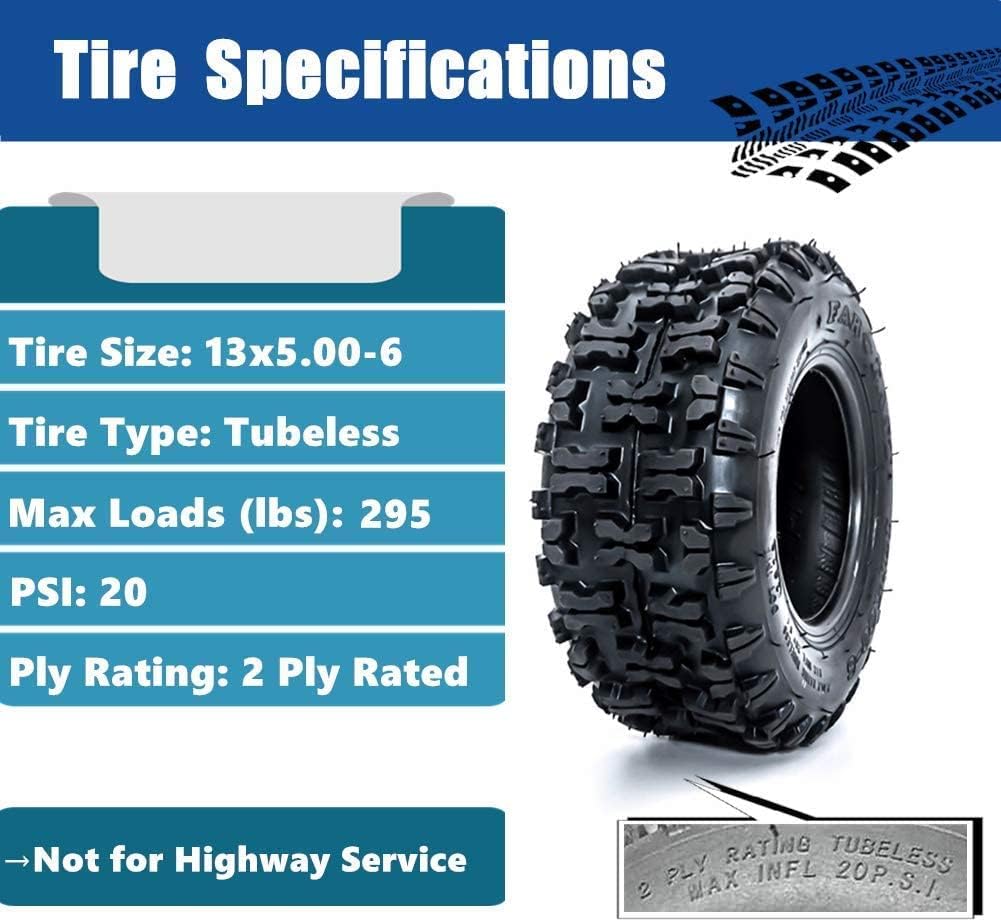 13x5.00-6 Turf Tire for Lawn and Garden Mower, 13x5x6” Lawnmower Tire,2PR,Tubeless