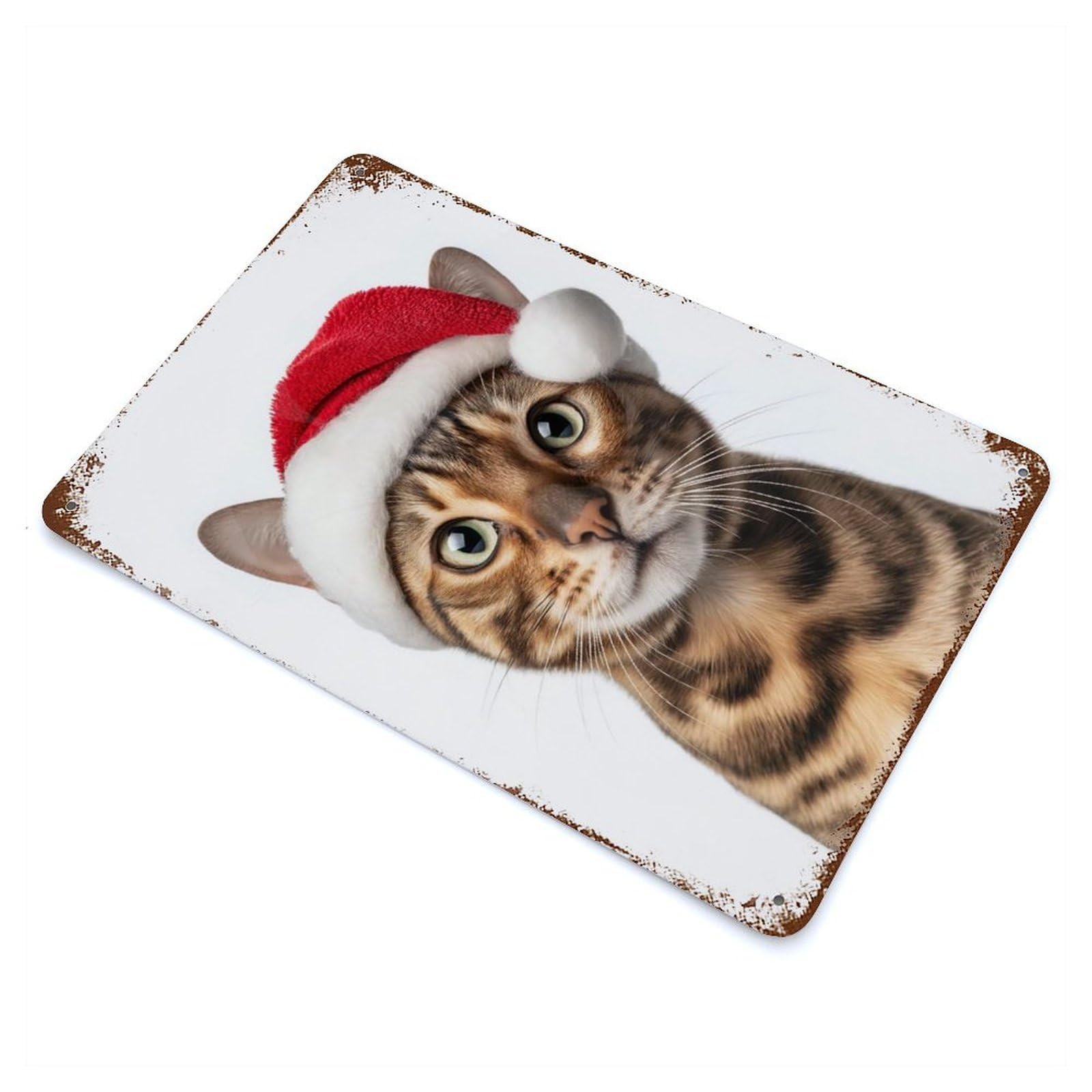 Bengal Cat Wearing A Santa Hat Decorative Tin Sign 11.8"x7.9", for Bistro, Counter And Cafe Decor, Classic Wall Plaque