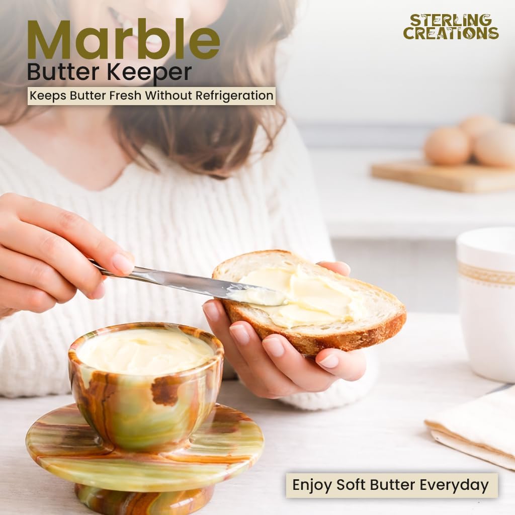 Handcrafted Round Marble Butter Keeper | Elegant Onyx Green French Butter Dish | Ideal Kitchen Storage for Soft Butter | Classic Breakfast Companion (Regular Size) (Marble)