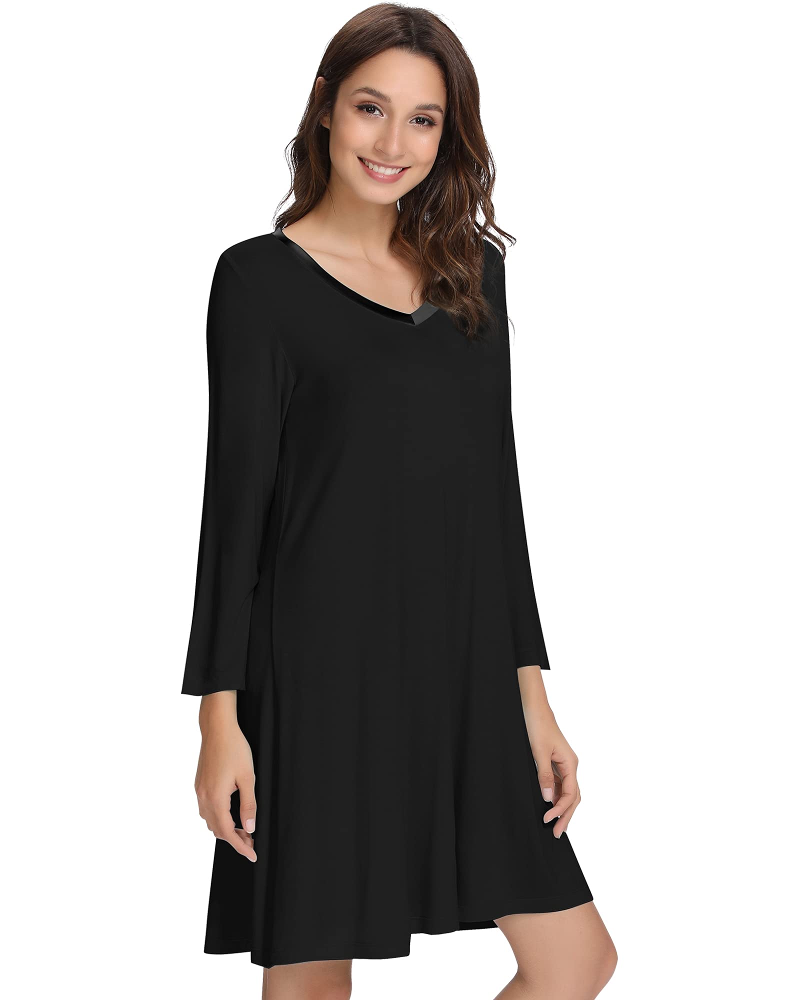 NACHILA Nightgowns for Women-Viscose Made from Bamboo Long Sleeve Night Shirt Soft Sleepshirt Satin V Neck Sleepwear