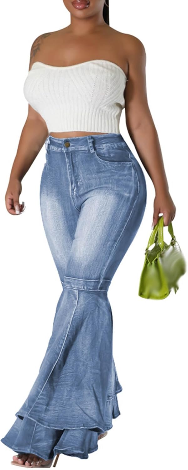 Sexyshine Women's Bell Bottom Jeans High Waist Ruffle Flared Tiered Denim Pants Retro 70s Wide Leg Long Pants - Image 4