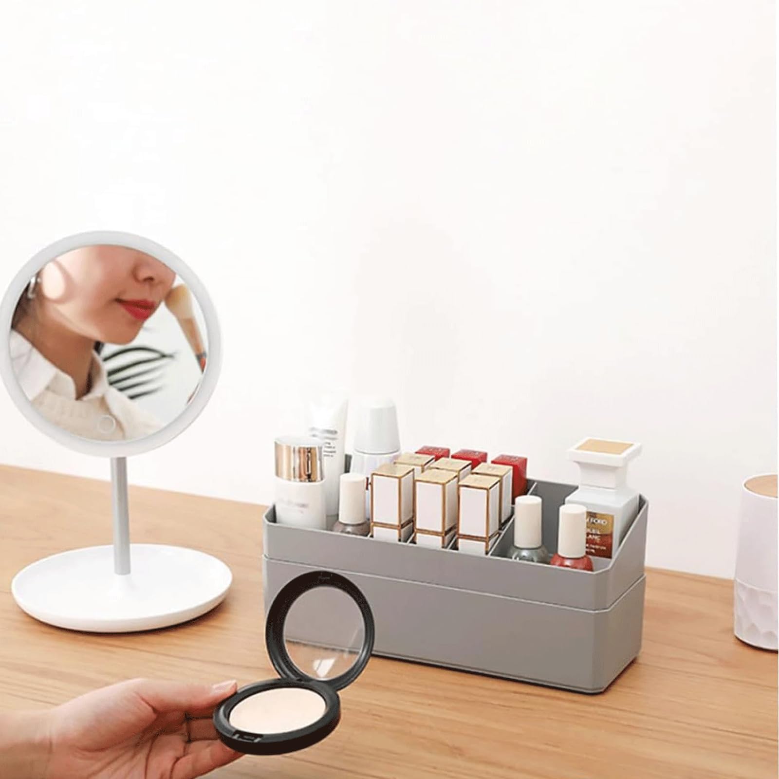 KRILLIQ Bandeja Soporte de Almacenamiento de Doble Capa, Vitrina de cosméticos con partición de lápiz Labial, Organizador de cosméticos para tocador y tocador para encimera