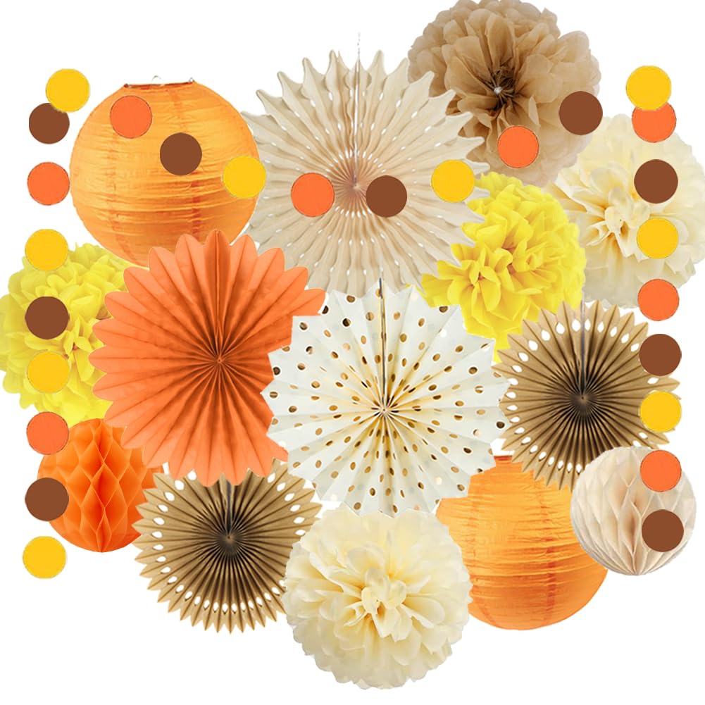 Herbst-Deko-Set In Orange, Gelb, Beige – Mit Papierlaternen, Pompoms, Girlande & Fächern