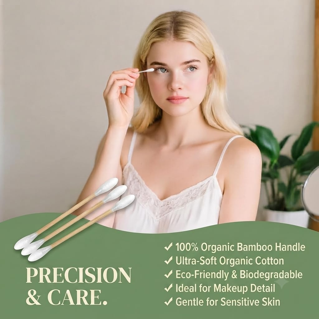 Bamboo Cotton Swabs 500 Count – Eco Friendly Biodegradable Cotton Swabs, Double Tip Soft Cotton, Strong Wooden Sticks for Ear Cleaning, Makeup Removal, Nail Art & Crafts