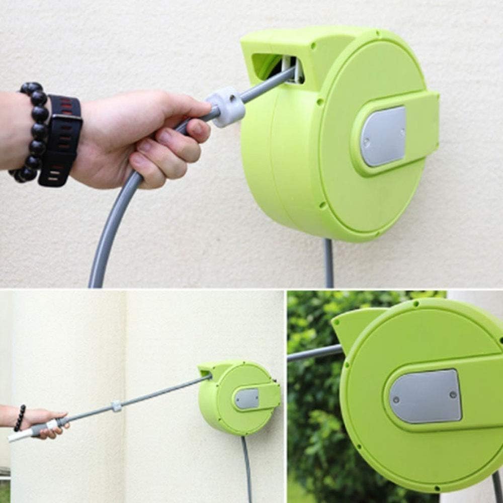 Carrete de manguera de montaje en pared, almacenamiento de agua retráctil de rebobinado automático con pistola de pulverización para lavado de automóviles y jardinería, soporte y estante duraderos