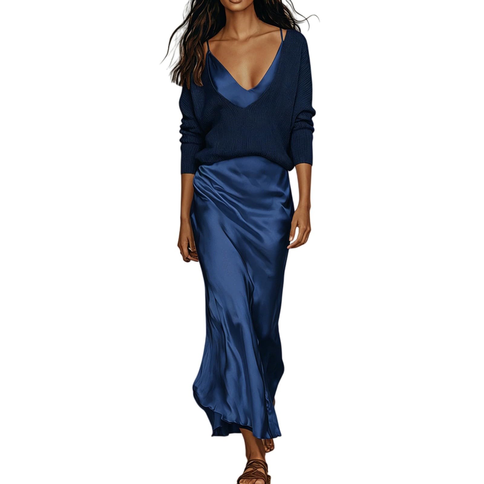 Maxi abiti estivi da donna in raso, set da 2 pezzi, con scollo a V, in seta, a maniche lunghe, leggero, fluido, formale, comodo, alla moda, per tutti i giorni, vestiti in tinta unita per uscire