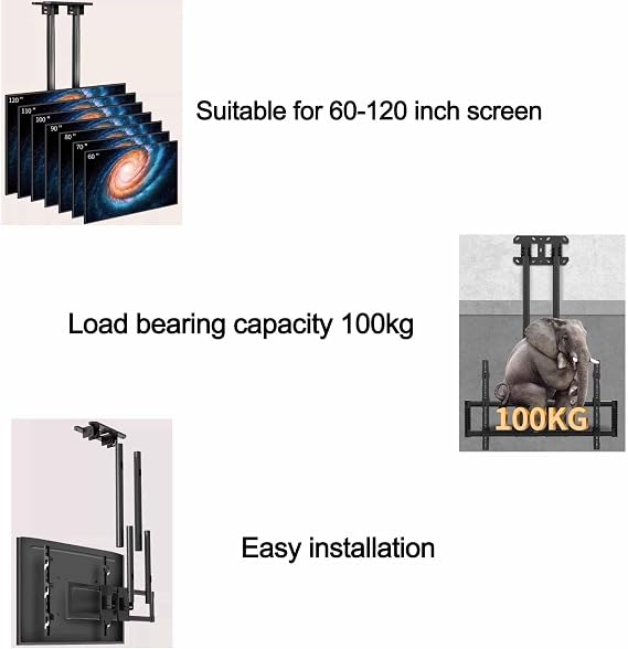 Ceiling TV Stand - Tv Wall Mount,Fits 60-120inch TV Double Bar Adjustable Tilt TV Bracket,Adjustable Height Telescoping Lift,Hanging Roof Bracket,5 To -25° Pitch Ceiling TV Mo