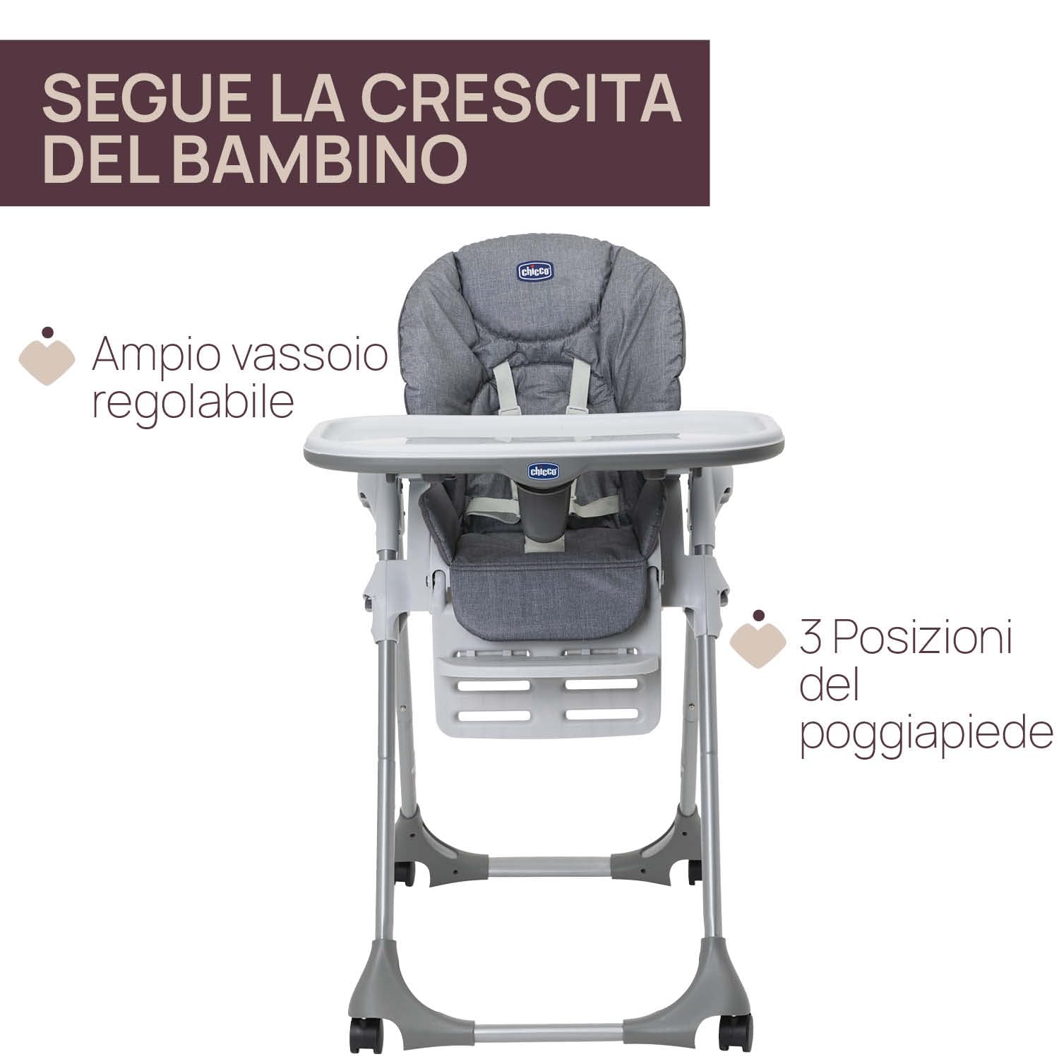 Polly Easy Seggiolone Pappa Evolutivo per Bambini da 6 Mesi a 3 Anni (15 kg), Seggiolone Reclinabile a Sdraietta con Altezza e Poggiapiedi Regolabili, 4 Ruote, Chiusura Compatta - Grey Melange