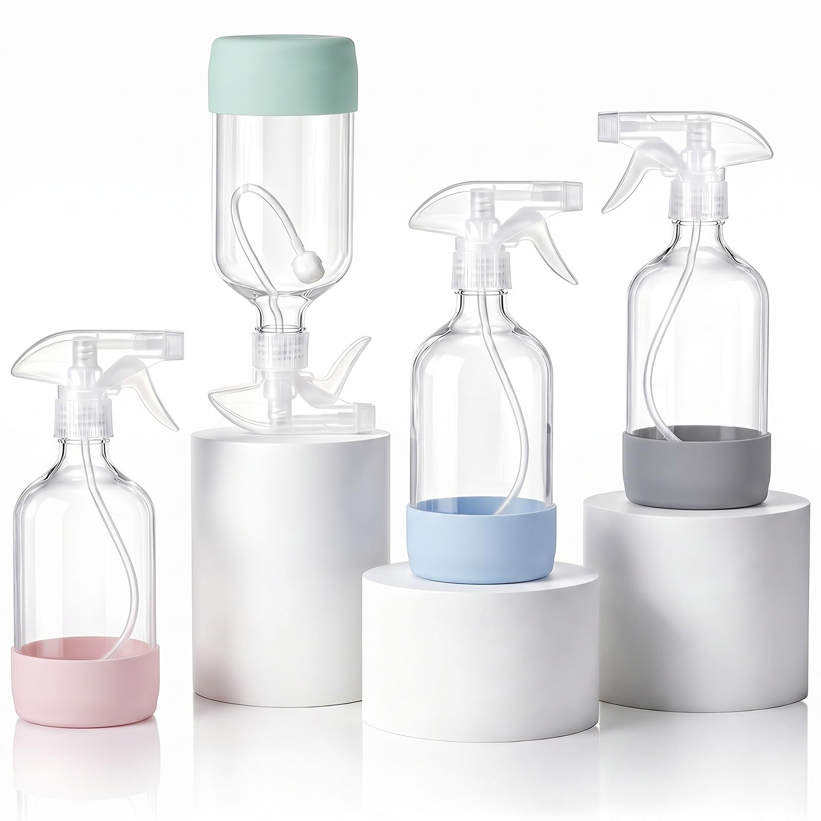 Layhit Paquete de 4 botellas de vidrio de 360° de 16 onzas con funda de silicona, botellas de pulverización vacías recargables con boquillas de pulverización ajustables, recipiente transparente para