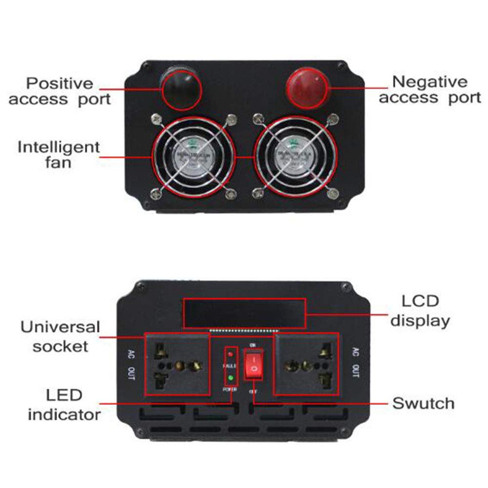 1000W 1500W Power Inverter Pure Sine DC 2V/24V a 220V AC Car Inverter Converter con Display Digitale, Presa CA, generatore di Emergenza Esterno, 12v-1500w