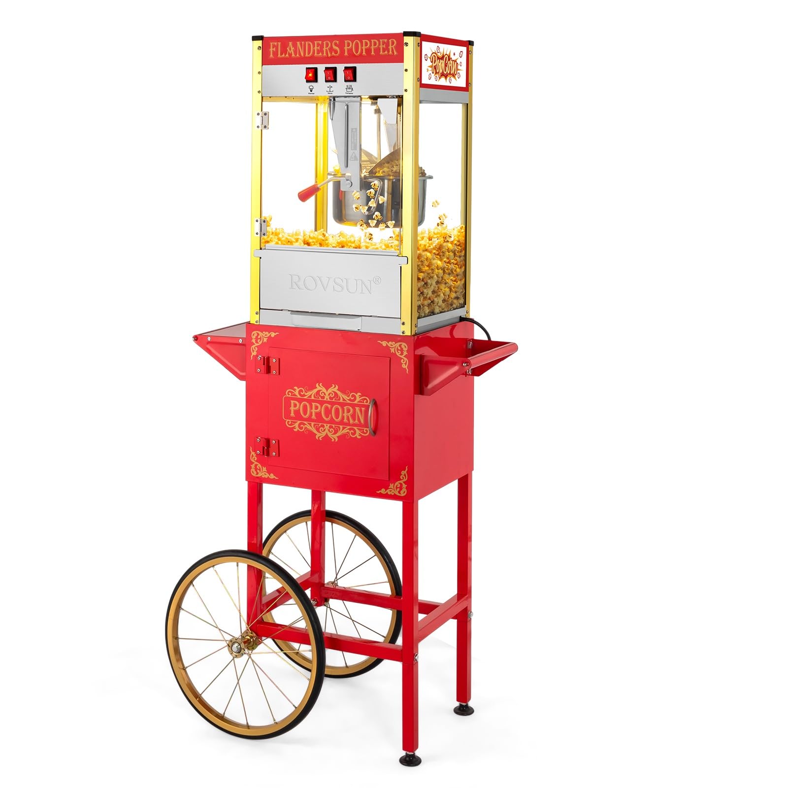 ROVSUN 10 Oz Popcorn Machine with Cart, Wheels & Kettle Makes Up to 4 Gallons, Popcorn Maker w/Stainless Steel Scoop, Oil Spoon, Bags & 3 Popcorn Cups for Home Theater Commercial ETL Certified