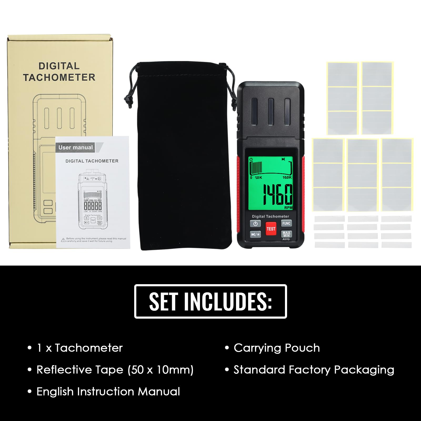 Tachimetro laser contactless RPM 10-99999 giri/min, alta precisione con nastro riflettente, retroilluminazione LCD e max/min/media, funzione di supporto dati, sensore di rotazione per gebra domestica