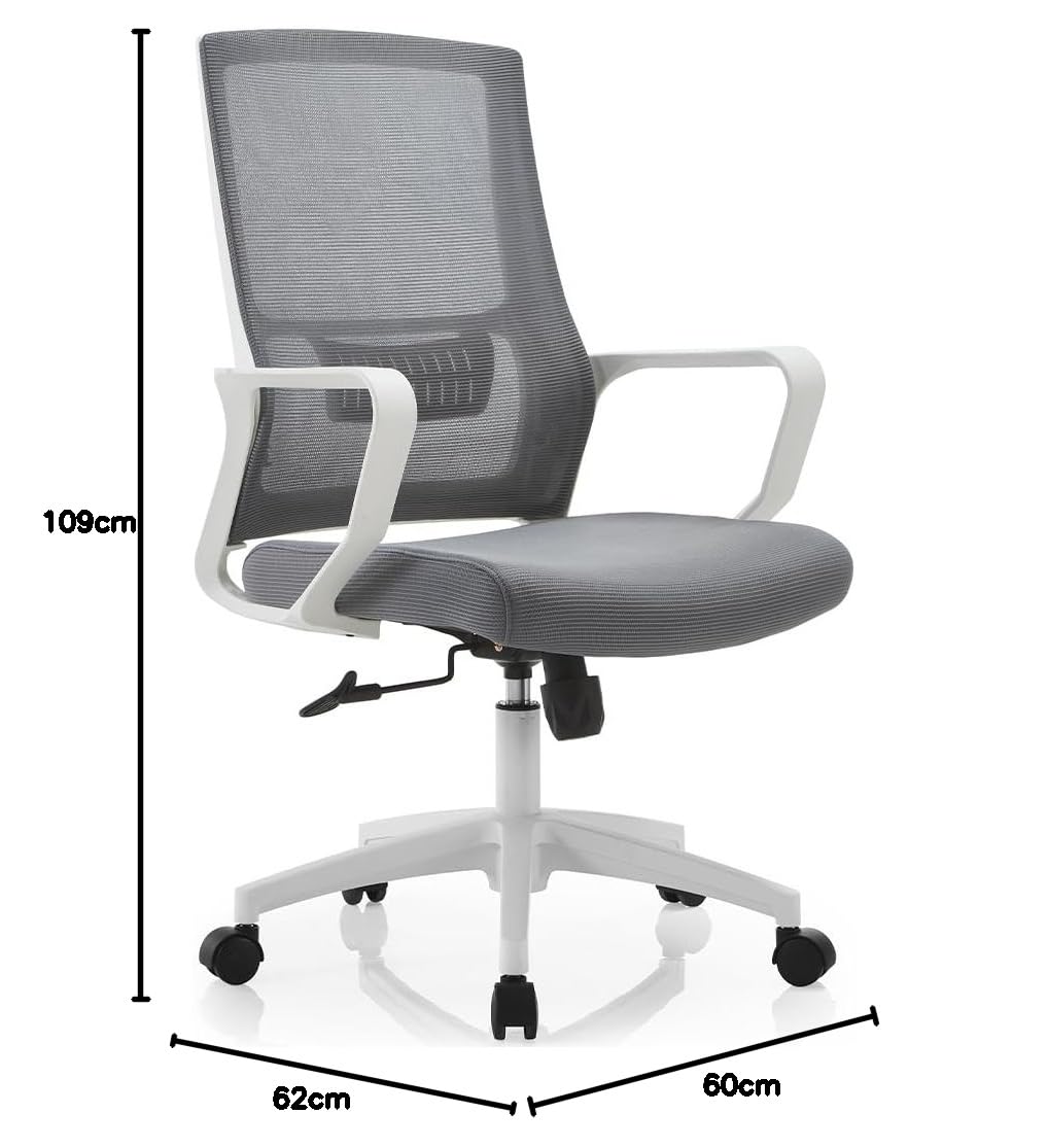 Shally Dogan Sedia da Ufficio Ergonomica Girevole con Supporto Lombare, Poltrona da Scrivania, Studio, Cameretta, Reclinabile con Altezza Regolabile, Base Bianca Robusta, Schienale Antisudore (Grigio)