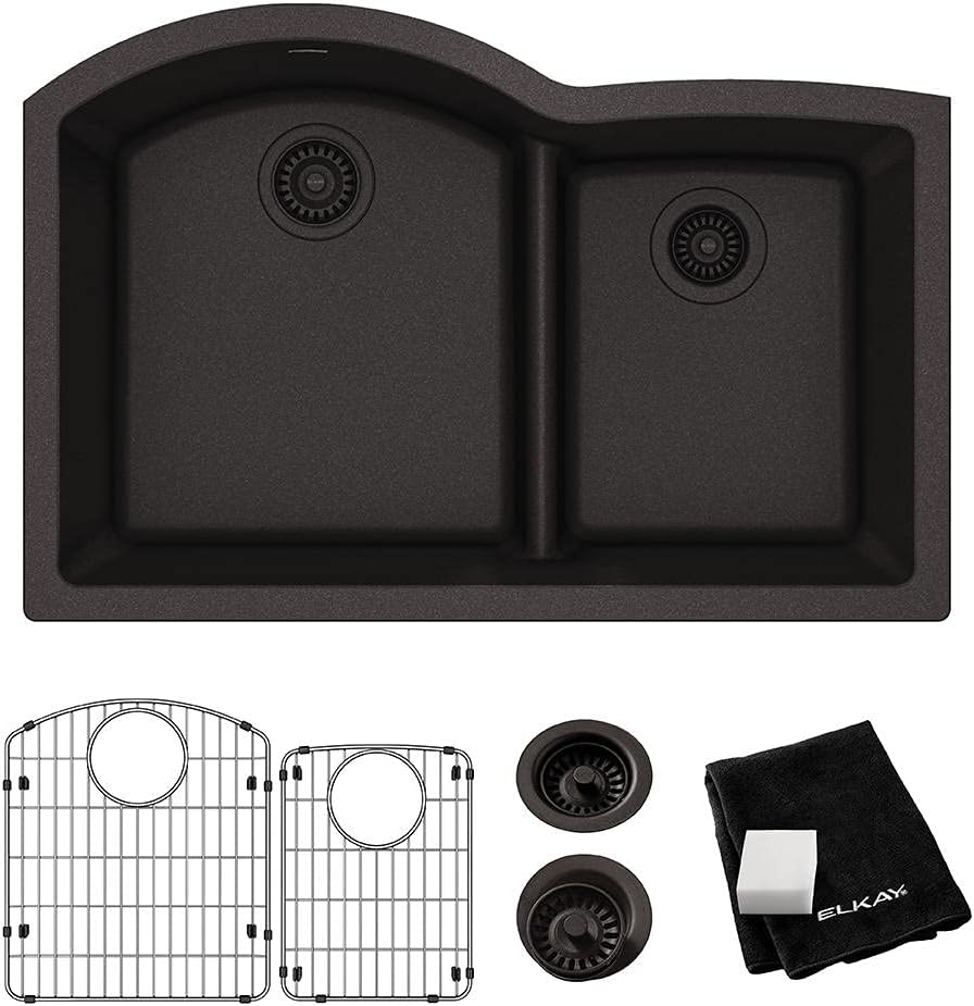 Elkay Quartz Classic ELGHU3322RBK0C 33" x 22" x 10", Offset 60/40 Double Bowl Undermount Sink Kit with Aqua Divide, Black