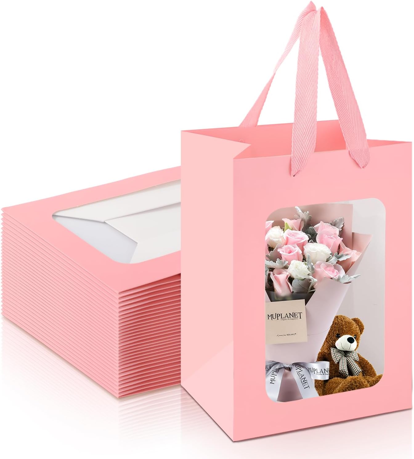 Bakbania 24 Pack Paper Gift Bags with Window,9.8 x 7.1 x 5.1 Inch Kraft Shopping Bouquet Gift Bags with Handle for Birthday, Weddings, Festival Party(Pink)