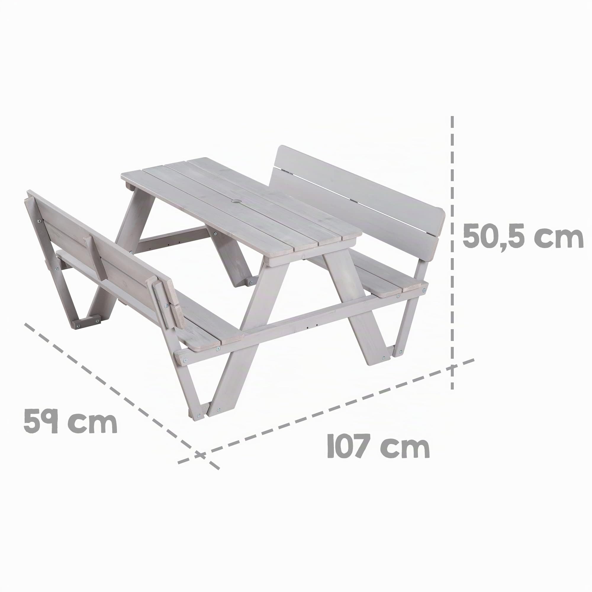 roba Table Pique-nique Enfants Outdoor + avec Dossier - Bois Massif + Coussins - Table d'Extérieur 4 places - Gris