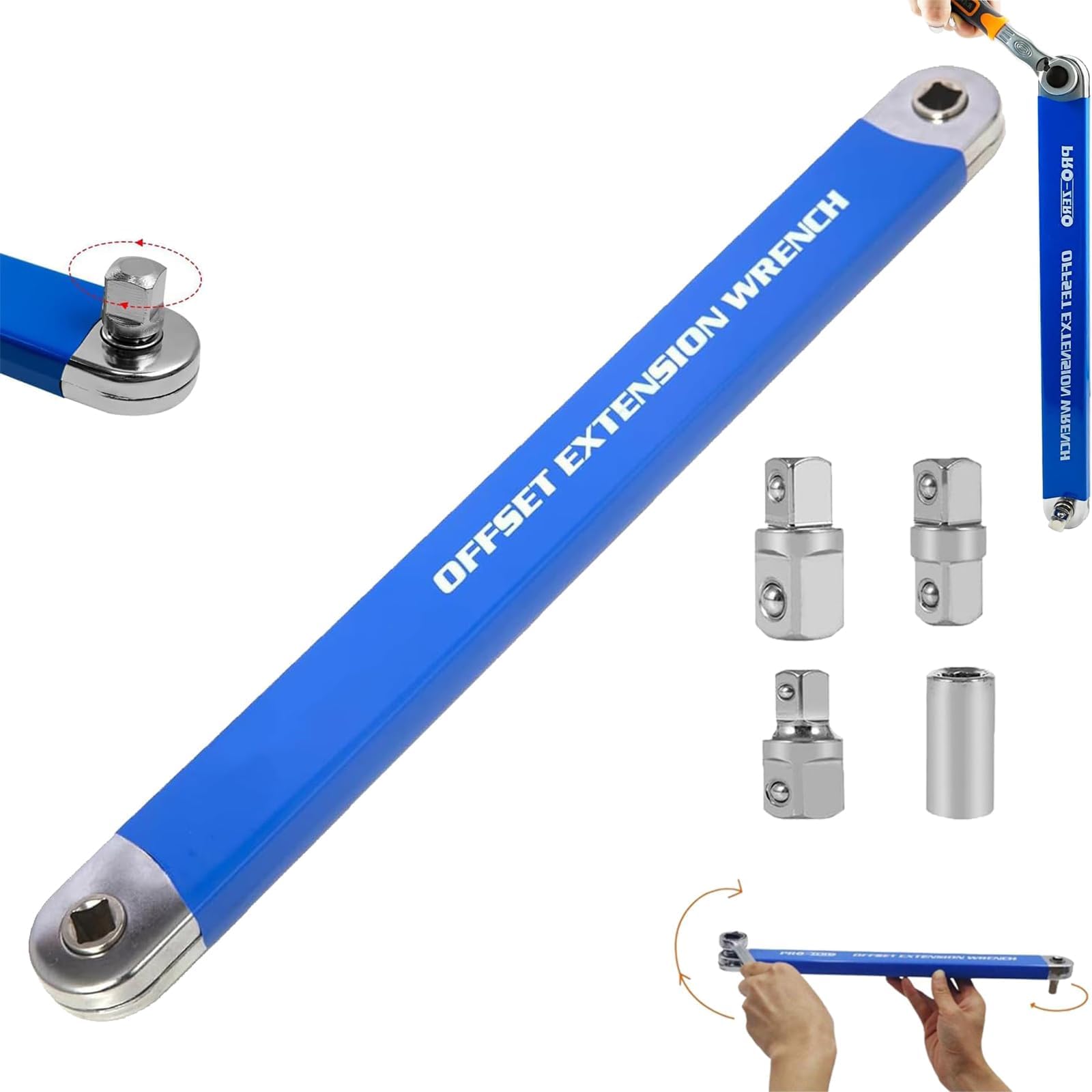 Sinlay Clé D'Extension CoudéE Offset, Cle Plate A Cliquet, Cle A Cliquet, 15,4 Pouces Rallonge CliquetS, Transmission Par ChaîNe 1:1, Angle De Rotation De 0°, Avec Adaptateurs 1/4", 3/8" Et 1/2" (1)