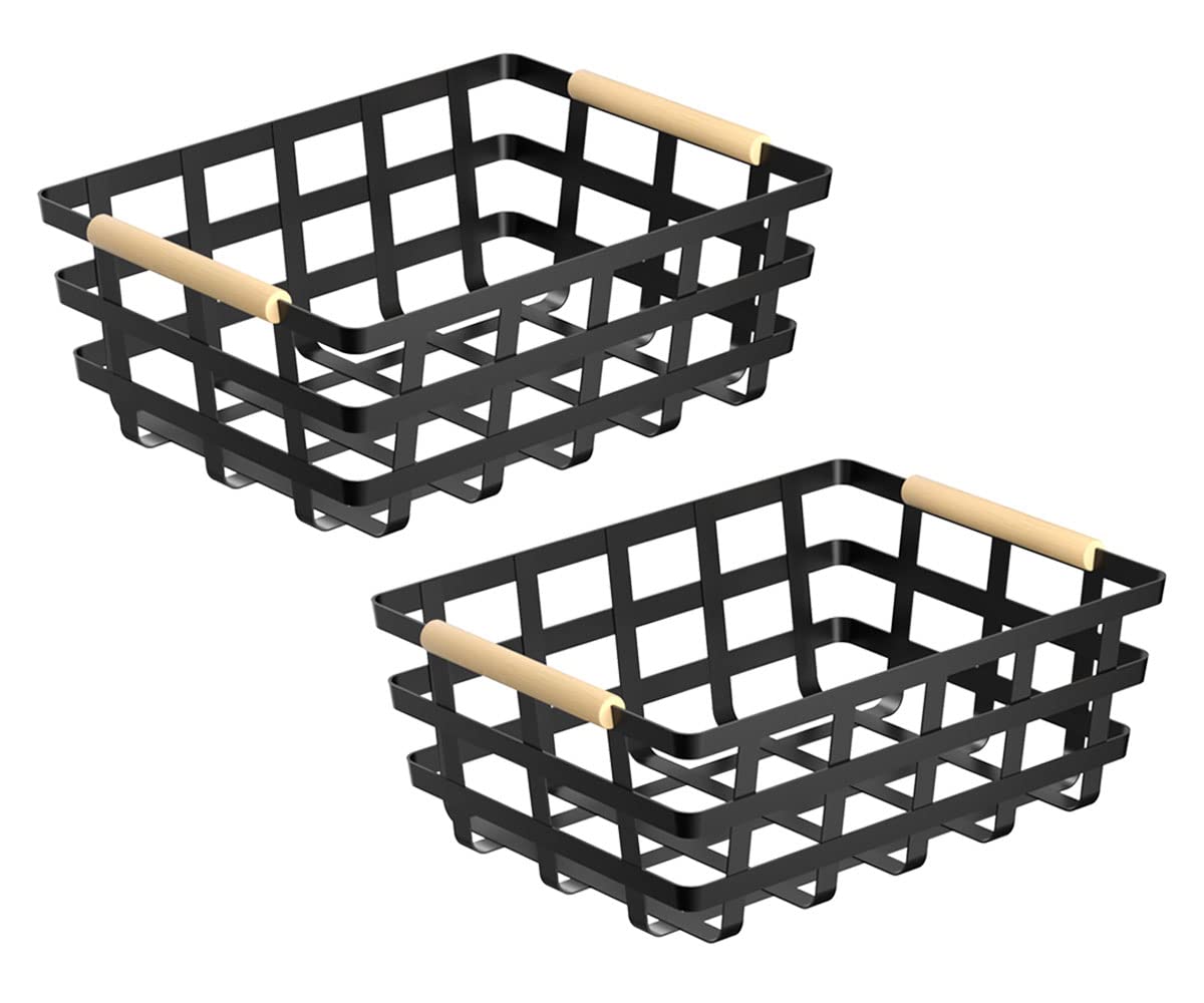 Farmhouse Baskets Wood Handle Pantry Organizer, Metal Bins for Kitchen Shelf Cabinets, Matte Black, 2 Pack