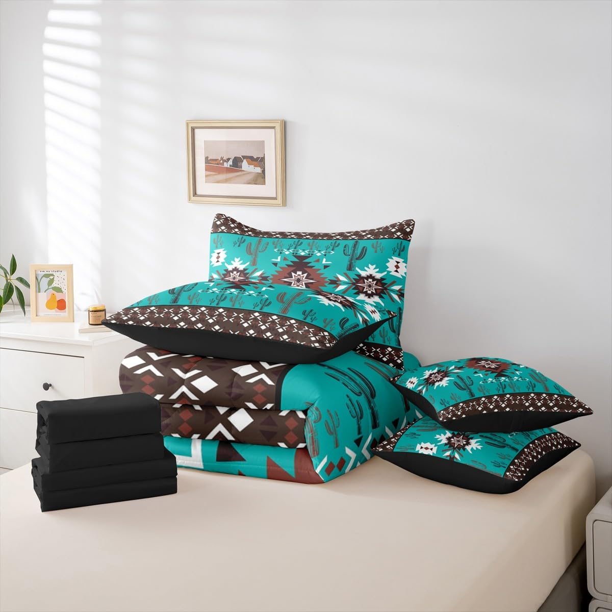 Feelyou Green Southwestern Aztec Comforter Set with Sheets for Kids Boys Girls Geometric Vintage Bed in a Bag Full Size Boho Tribal Rustic Western Exotic Cactus 7 Pieces Bedding Set Bedroom Decor