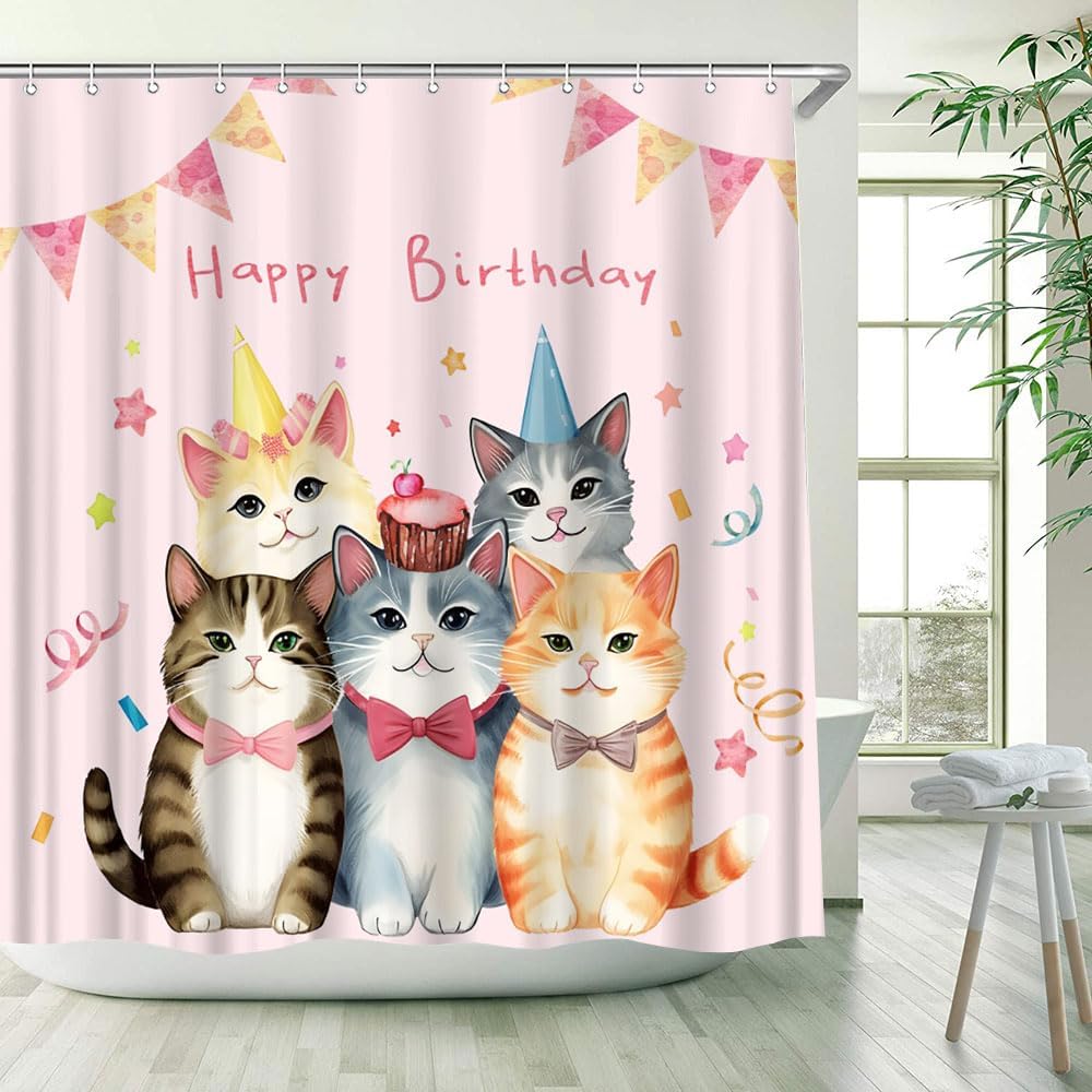 Happy Birthday Shower Curtain Cute Cartoon Cat Lovely Pet Cupcake Cone Hat Star Coloured Ribbon Celebration for Girls Woman Bathroom Decor Polyester Fabric Curtains with Hook 70Wx80H Inches