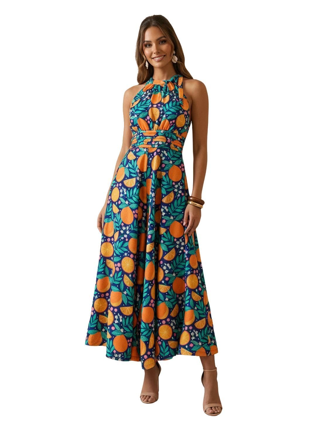 Women Halter Neck Tie-Up Detail Gathered & Pleated Flared Hem Fusion Jumpsuit-image-46