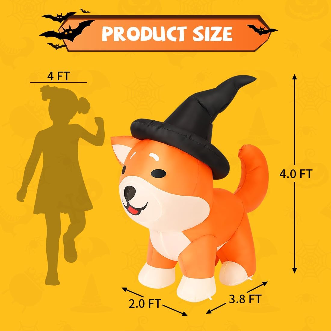 COMIN 4 FT Halloween Inflatables Dog Outdoor Decorations Blow Up Yard Wizard Shiba Inu Dog with Built-in LEDs for Indoor Party Garden Lawn Decor