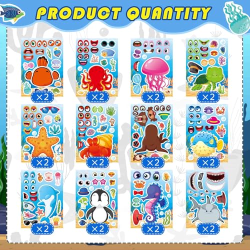 Image of Ocean Animal Stickers, Make Your Own Sea Animal Stickers | 24 Sheets Make a Face Sticker, for Kids Activities Supplies Crafts, Ocean Sea Party Favors