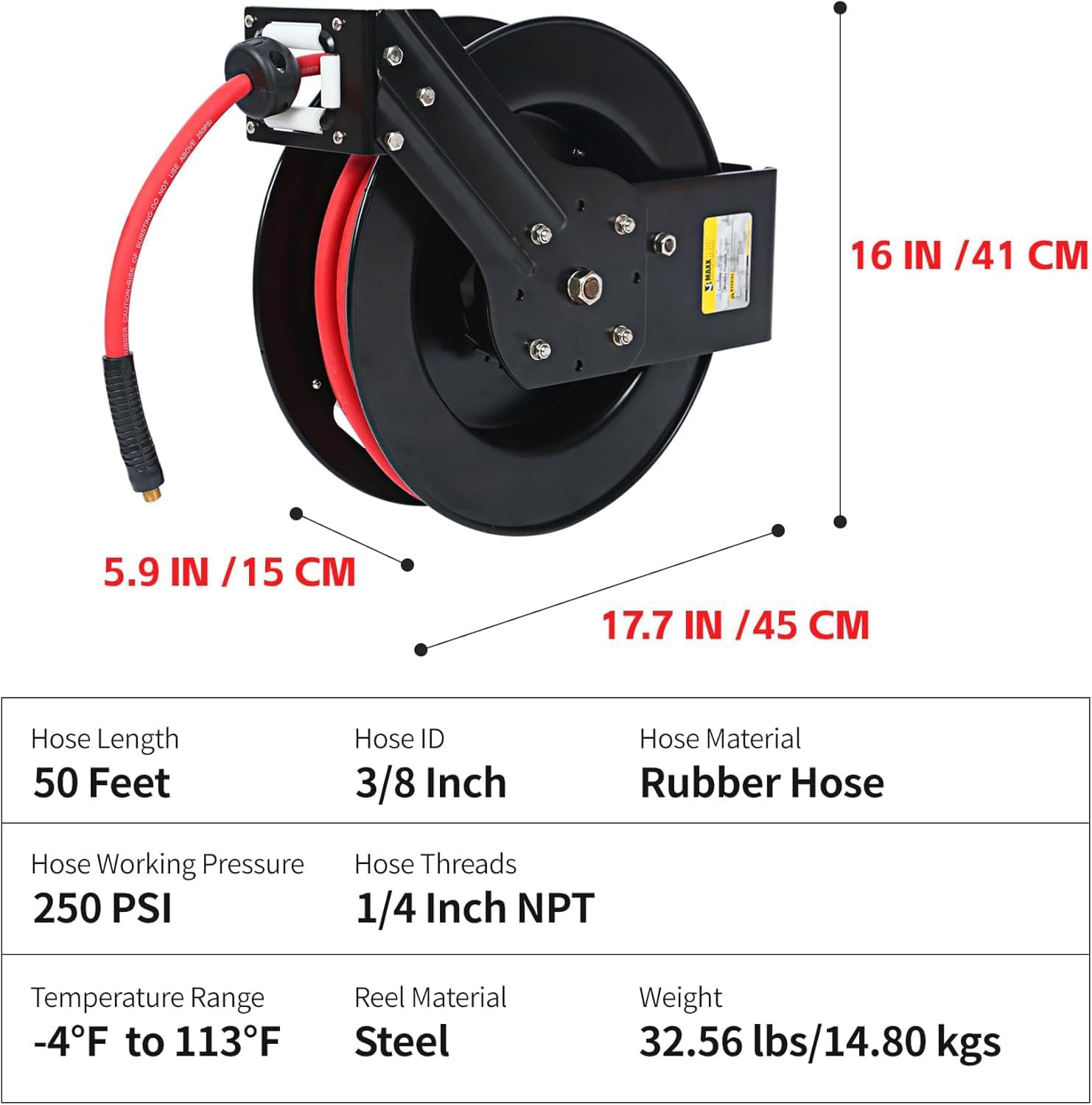 MaxWorks 50 Foot Auto Rewind Retractable Air Hose Reel with 3/8" Rubber Hose 250 PSI Heavy Duty Steel Spring Multi Position Ratchet and Solid Brass Fittings for Garage and Workshop (80720) Black and Red 50ft