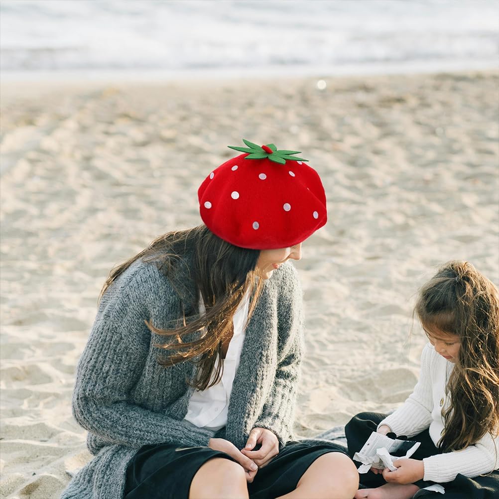 Strawberry Beret Hat for Women French Style Wool Blend Cute Cosplay Party Decorative Artist Painter Cap 9.84 Inch Diameter - Image 2