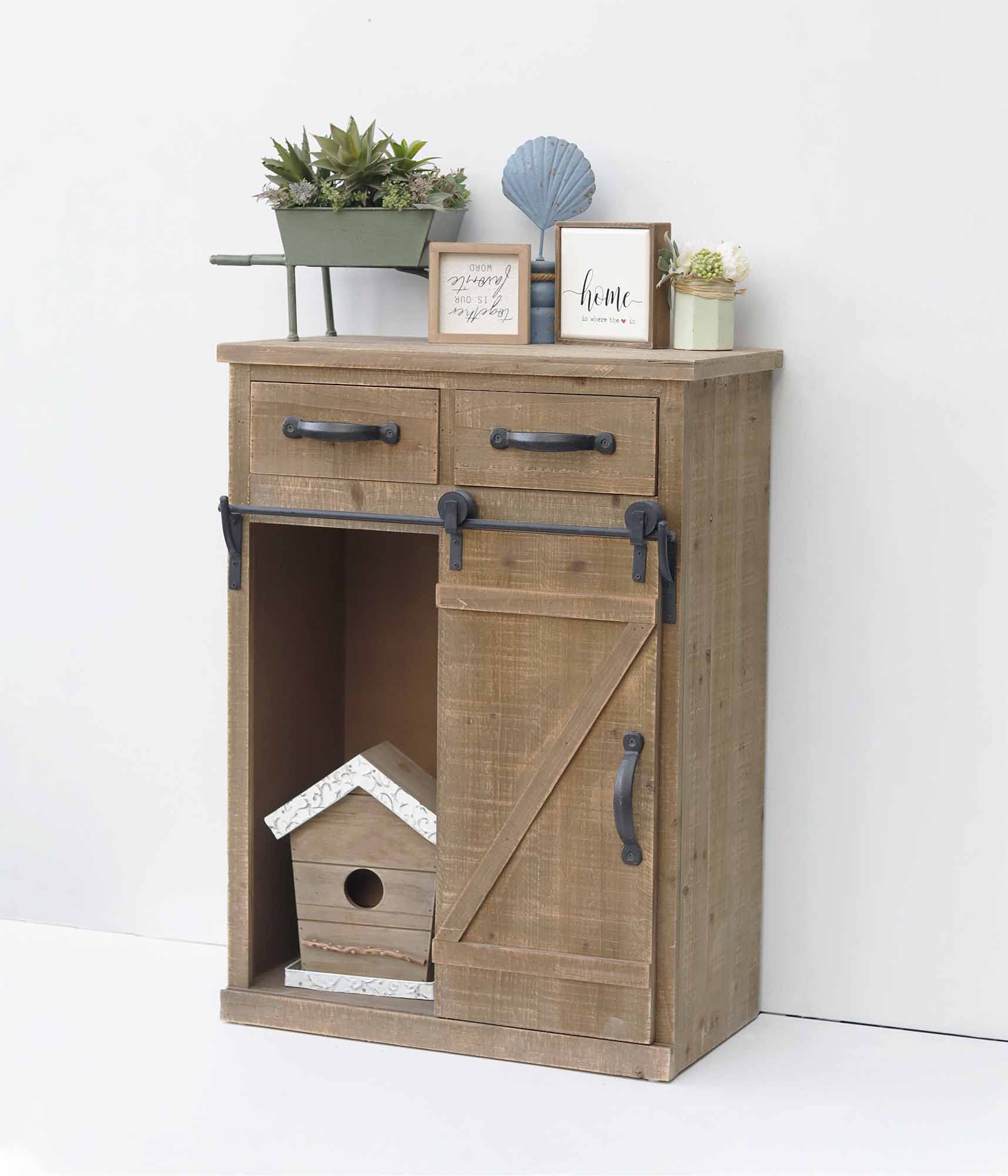 AshleeOaks Antique Brown Wood Sliding Barn Door Cabinet with Two Drawers Three Shelves, Vintage End Table Console Cabinet Storage Cabinet, Farmhouse Rustic Wood Furniture, 32" H