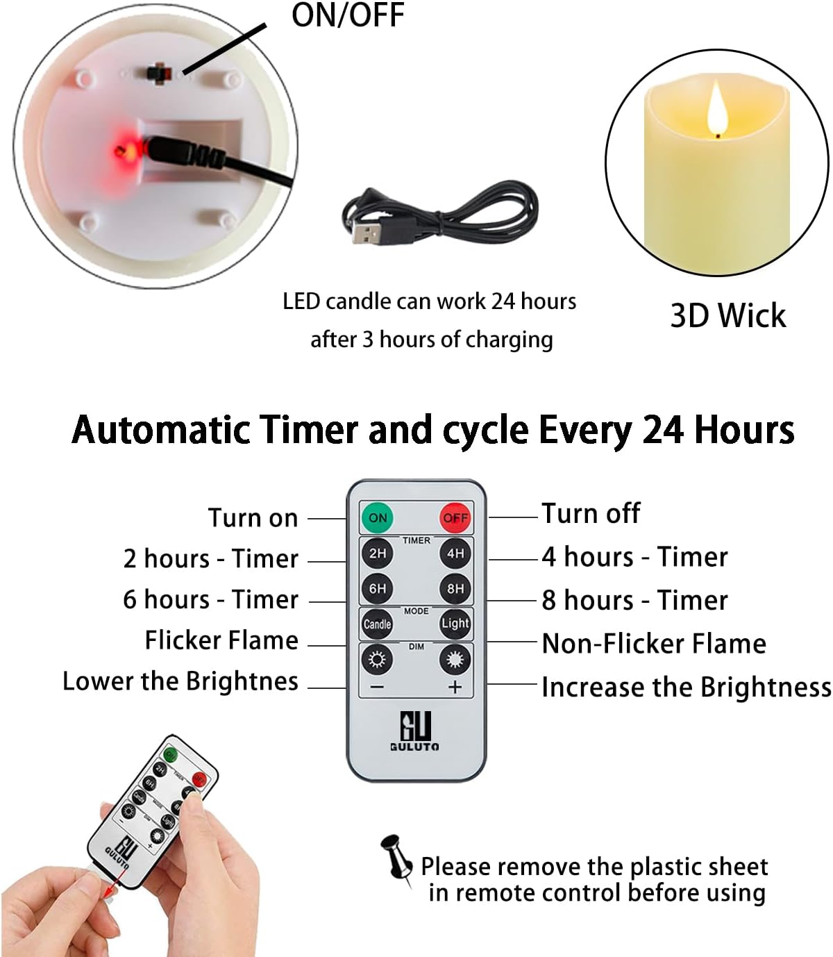 Flickering Flameless Candles with Rechargeable Battery, Electronic Candles with Remote and Timer, led Pillar Candles Real Wax Wick, led Candles for Home, Wedding, Halloween, Christmas 3" x 4" - Image 2