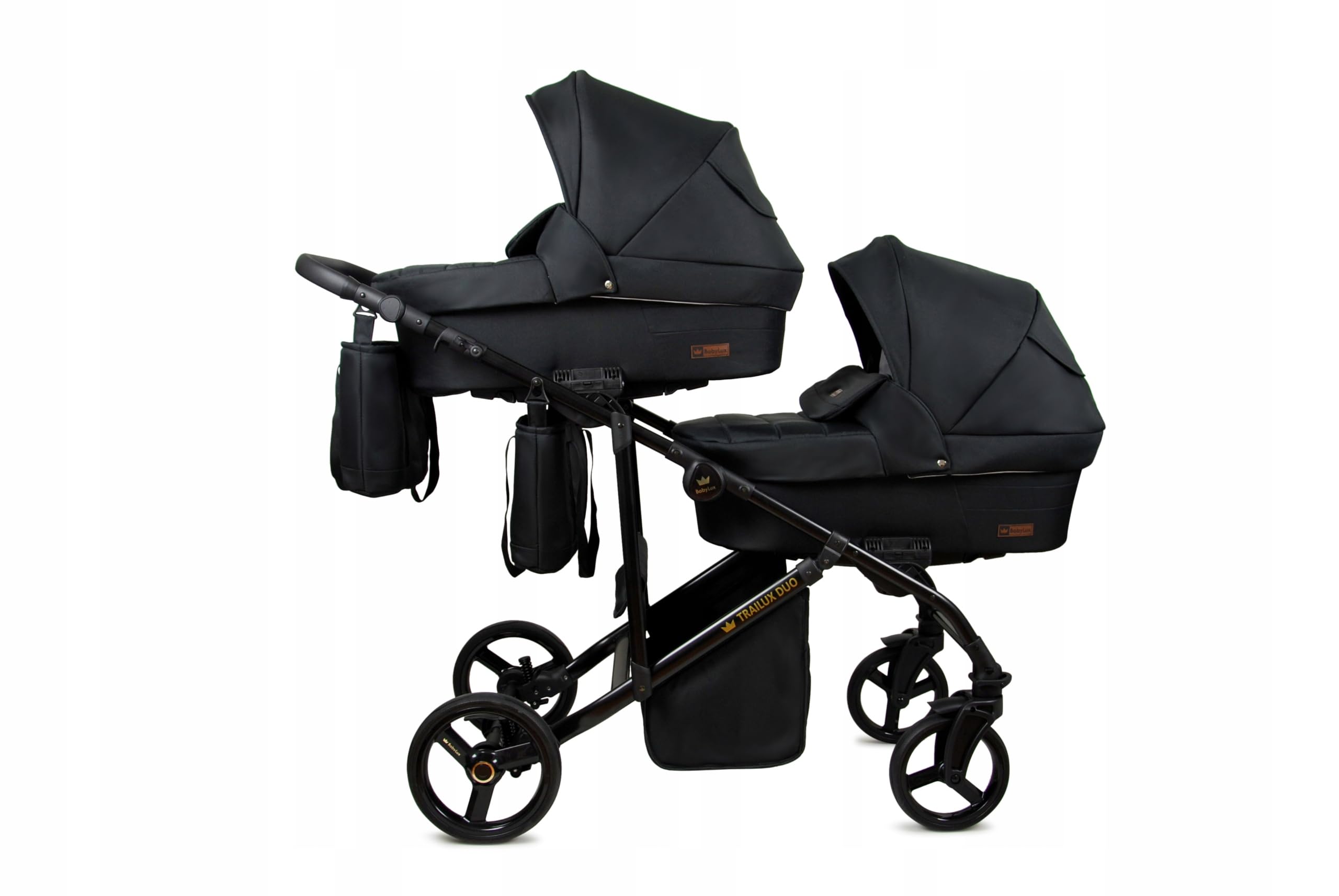 BabyLux® Bambini Passeggino per gemelli Completo Set 3 in 1 - Duo | Onyx - incl. Navicella, Canna, Seggiolino Auto - Carrozzina Neonati Sistema Combinato - con Borsa fasciatoio, Copertura antipioggia