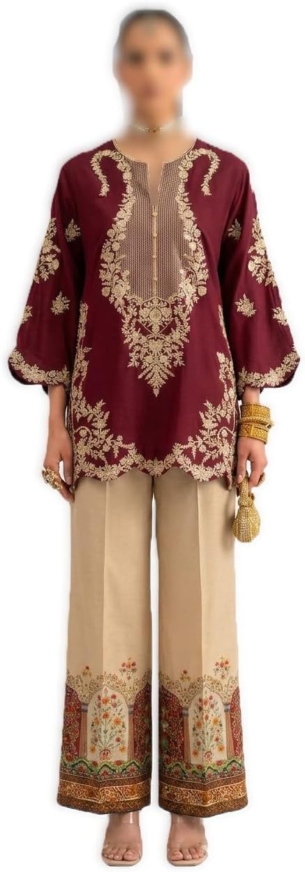 Pakistani Suit for Women Embroidered | Maroon Kurta with Palazzo Pants Set | Wedding Party Dress 3 Piece