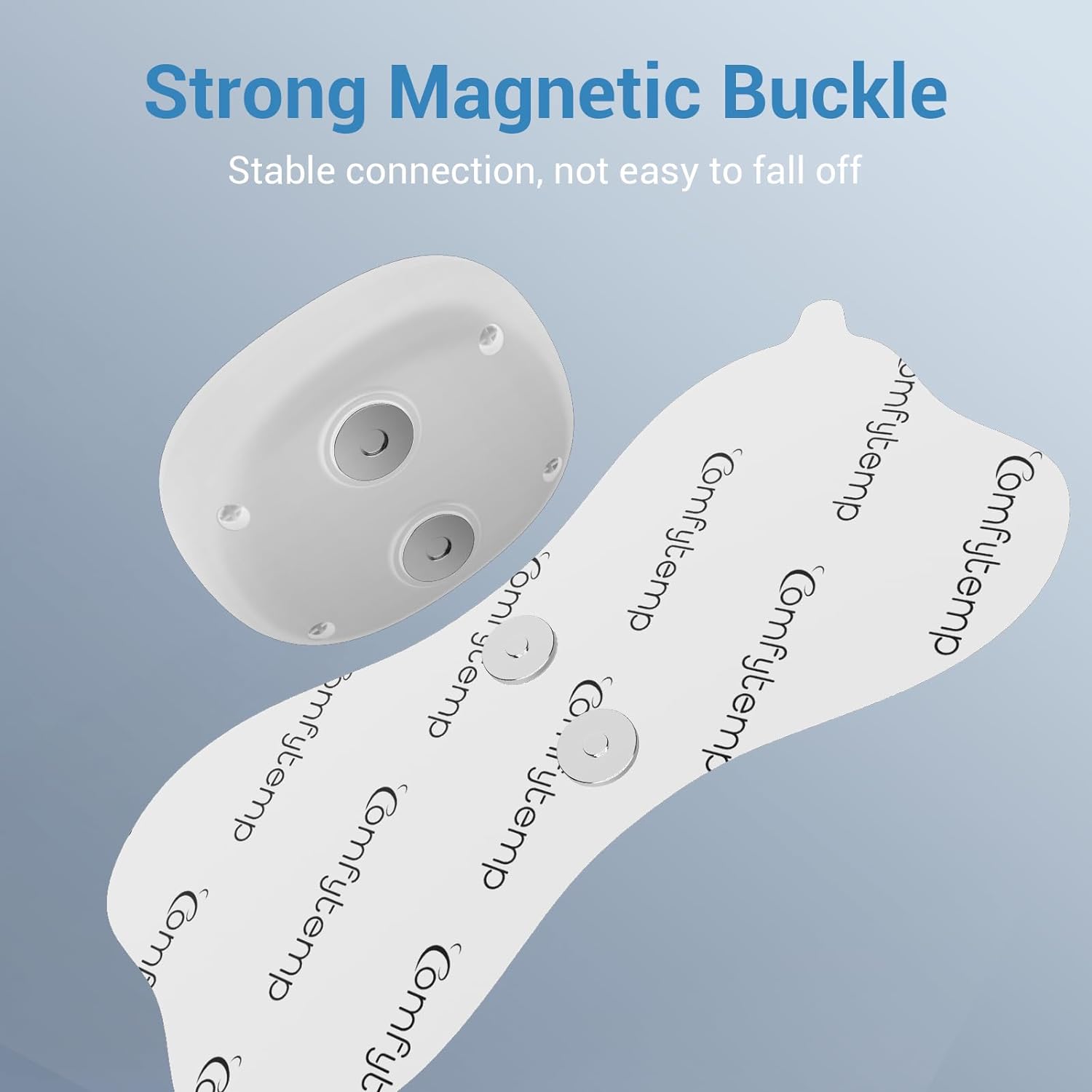 Close-up of a Comfytemp TENS pad showing the strong magnetic buckle connection point.