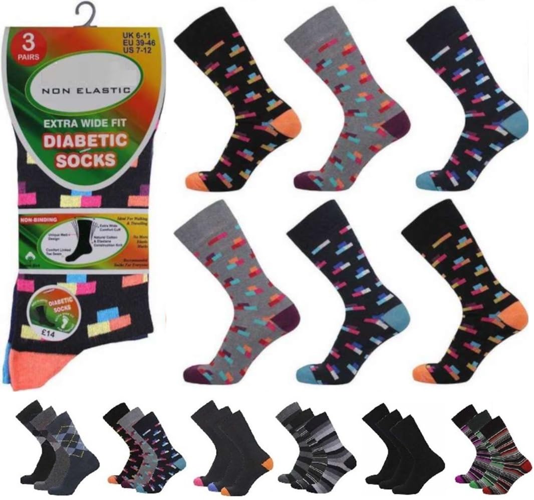 OnlyBee Mens Diabetic Non Binding Socks 3 Pairs UK 6-11 | Extra Wide Loose Fit Soft Top | Rich Cotton Blend Breathable Comfort Socks (Funkie)
