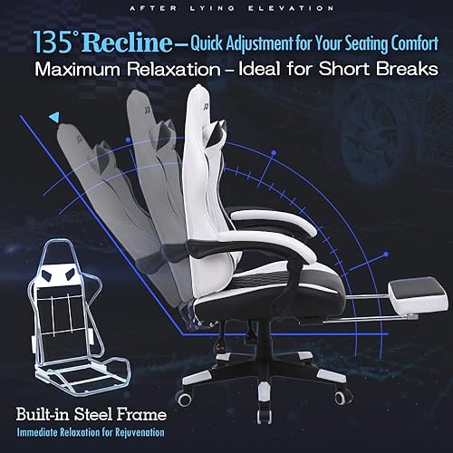 Miniatura 9 de JKOOK JK08 - Silla de juegos con reposapiés, silla de escritorio multifuncional con reposabrazos de conexión, piel sintética, sillas de computadora